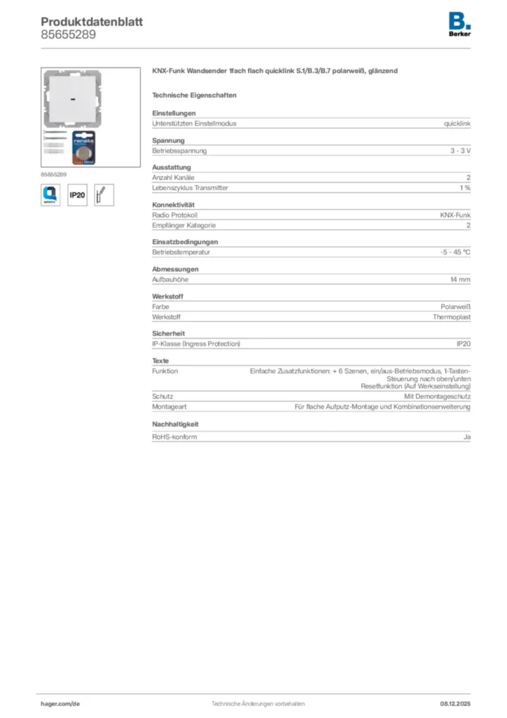 Bild Berker Produktdatenblatt 85655289 | Hager Deutschland