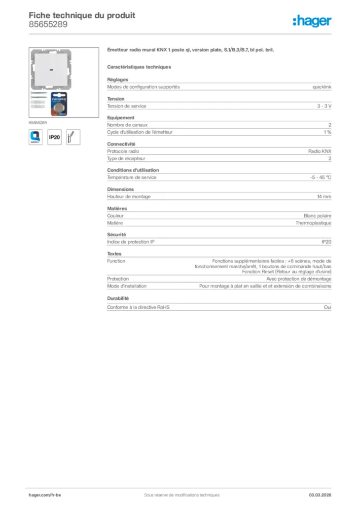 Image Hager Fiche technique du produit 85655289 | Hager Belgique