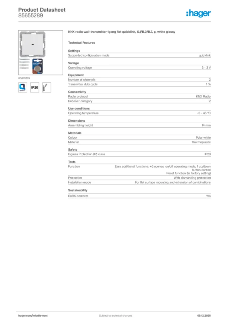 Image Hager Product data sheet 85655289  | Hager
