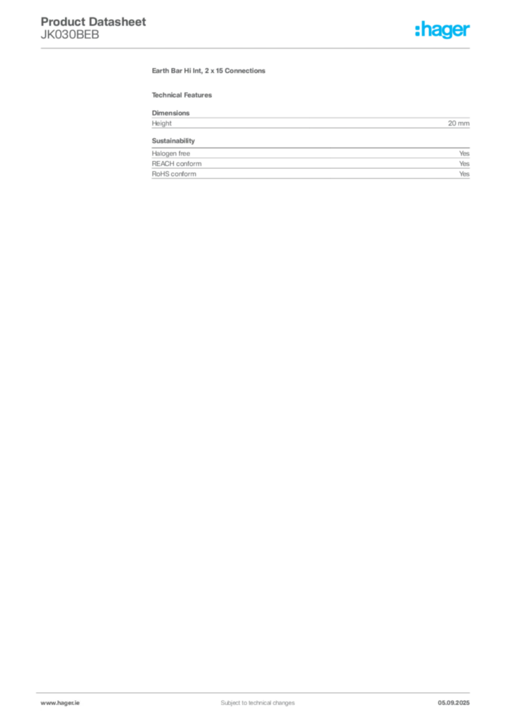 Image Hager Product data sheet JK030BEB  | Hager