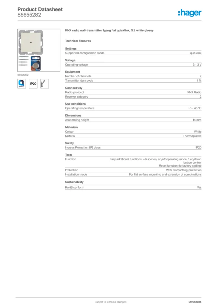 Image Hager Product data sheet 85655282  | Hager Africa