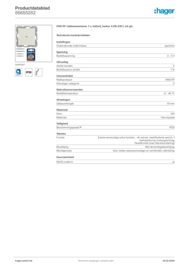 Afbeelding Hager Productdatablad 85655282 | Hager Belgium