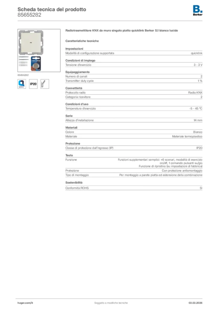 Immagine Berker Scheda tecnica del prodotto 85655282 | Hager Italia