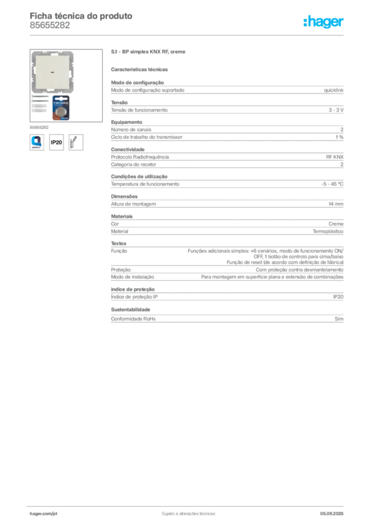 Imagem Hager Ficha técnica do produto 85655282 | Hager Portugal