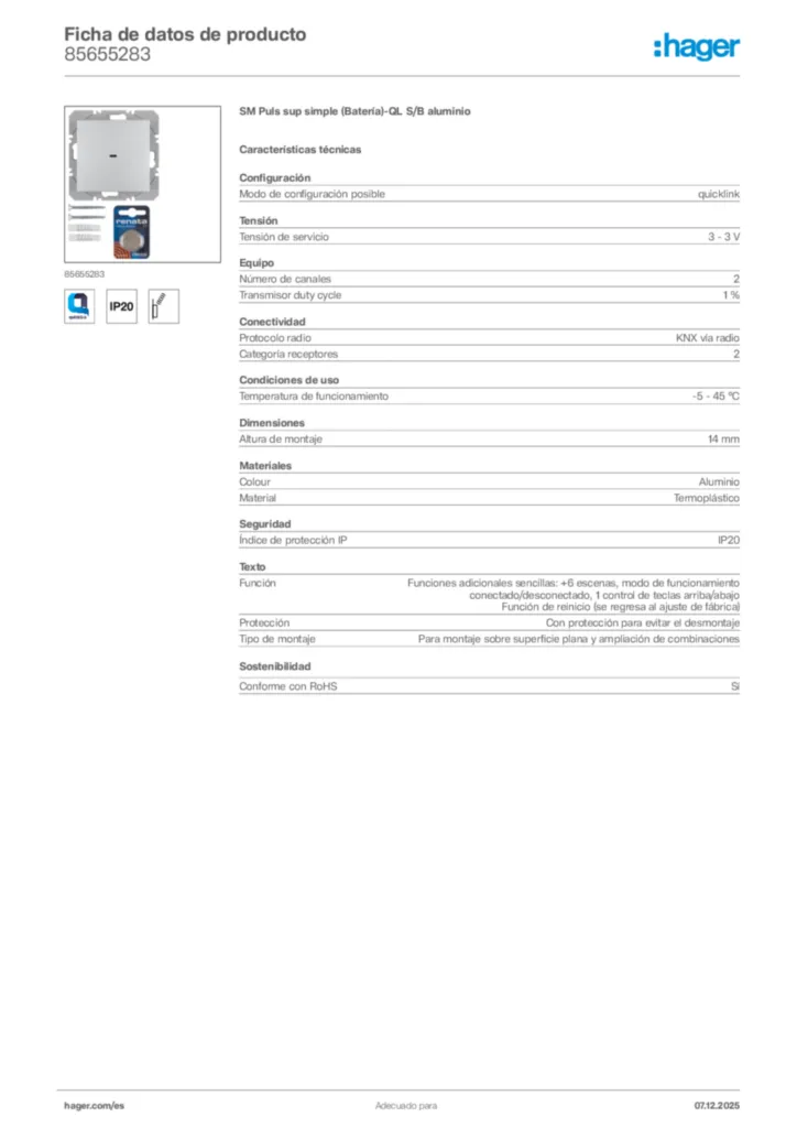 Imagen Hager Ficha de datos de producto 85655283 | Hager España