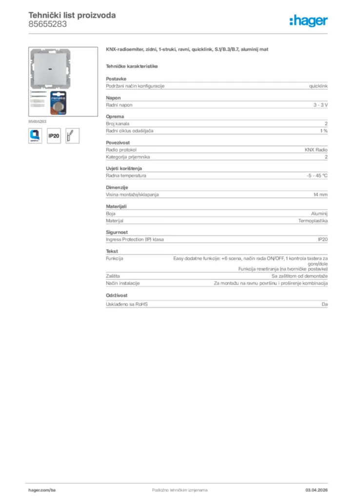 Slika Hager Tehnički list proizvoda 85655283  | Hager