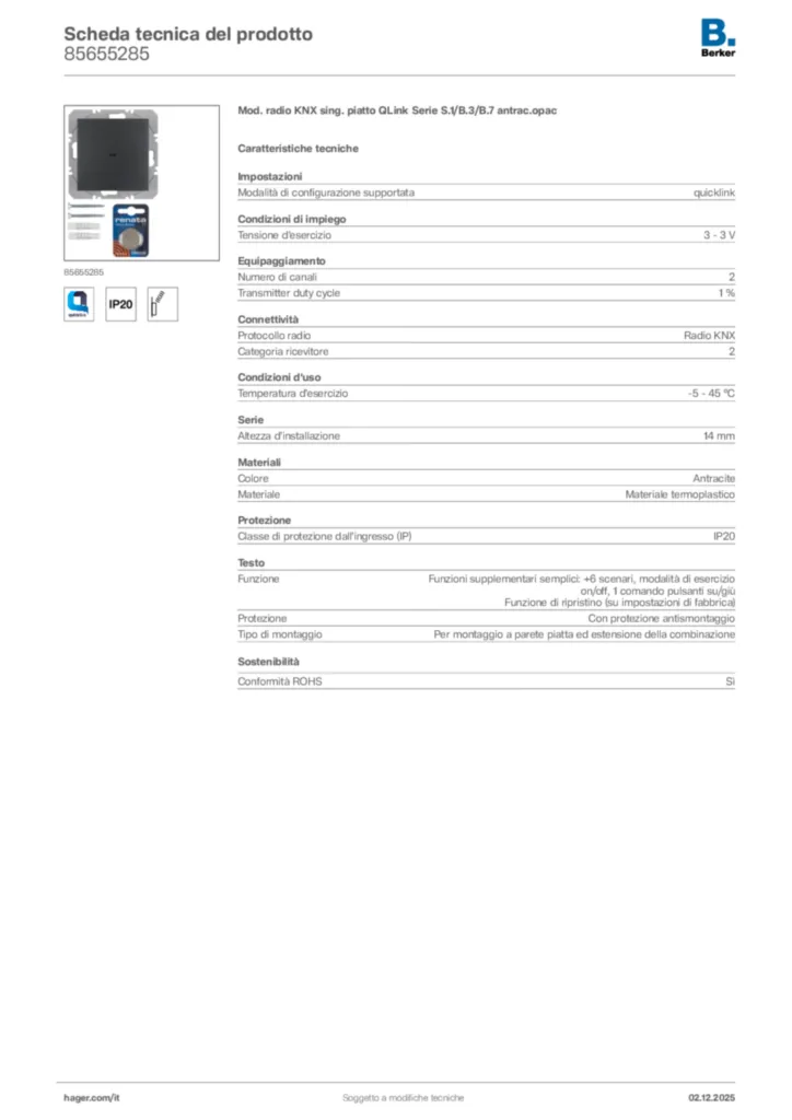 Immagine Berker Scheda tecnica del prodotto 85655285 | Hager Italia
