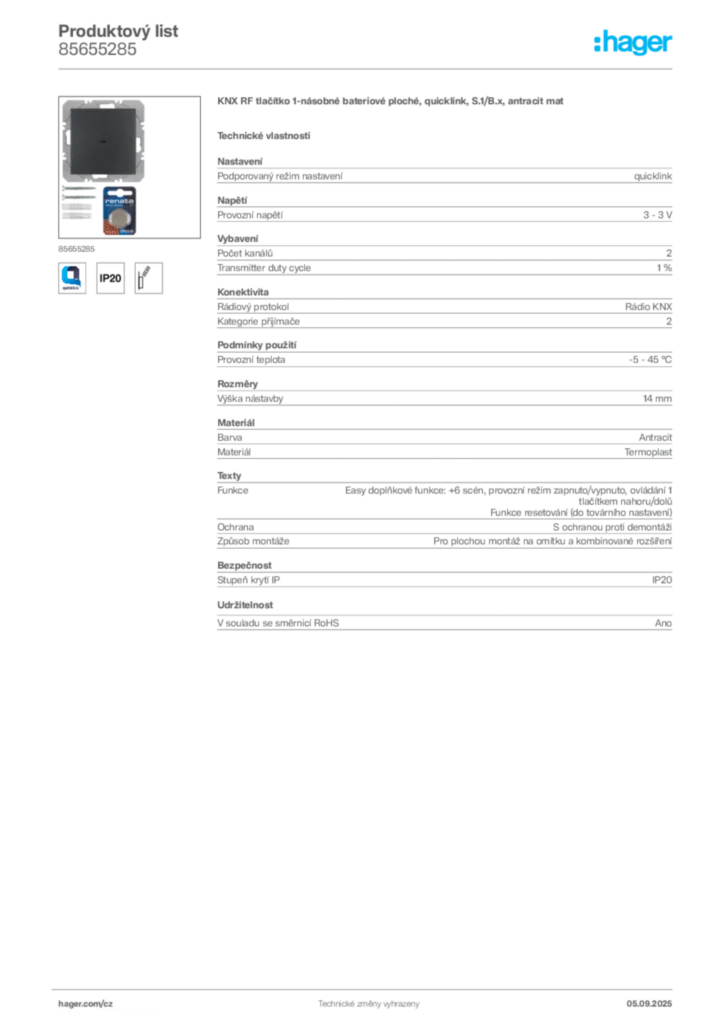 Obrázek Hager Produktový list 85655285 | Hager