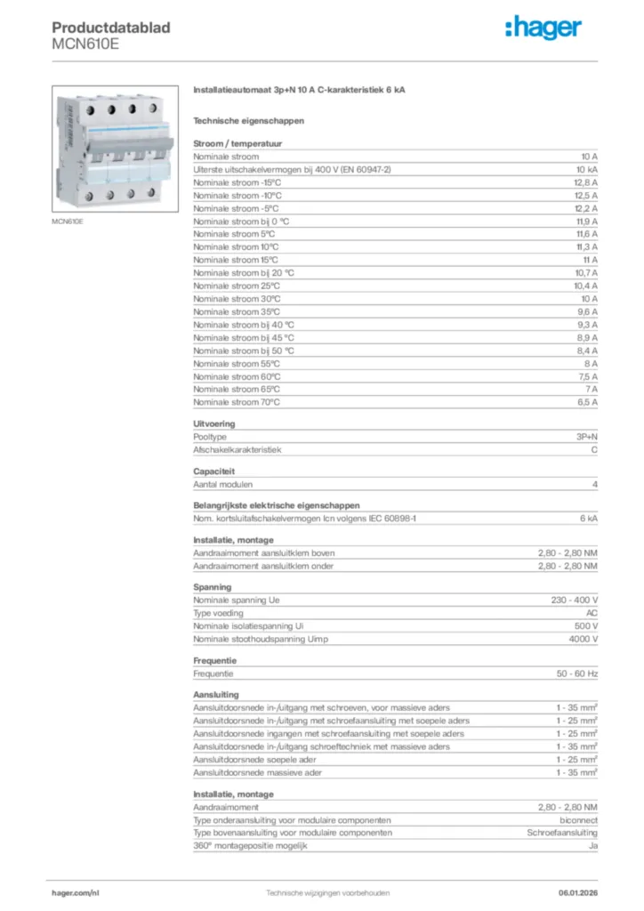 Afbeelding Hager Productdatablad MCN610E | Hager Nederland