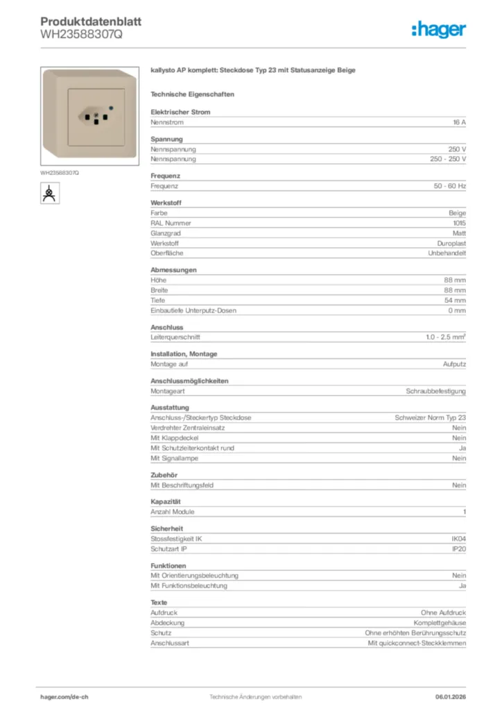 Bild Hager Produktdatenblatt WH23588307Q | Hager Schweiz