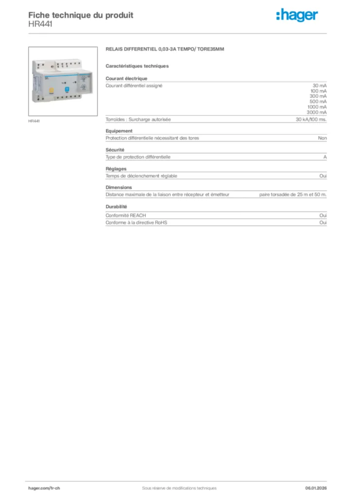 Image Hager Fiche technique du produit HR441 | Hager Suisse