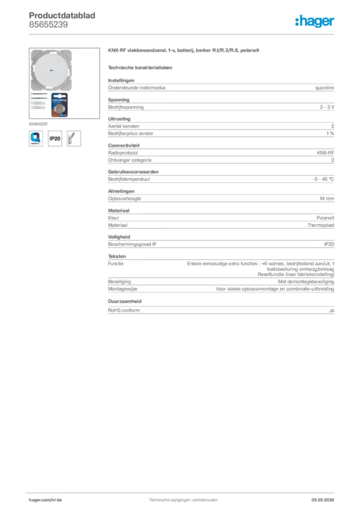 Afbeelding Hager Productdatablad 85655239 | Hager Belgium