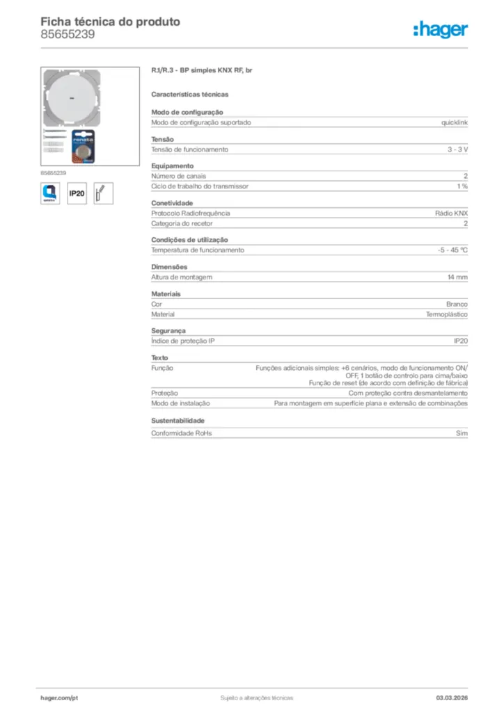 Imagem Hager Ficha técnica do produto 85655239 | Hager Portugal