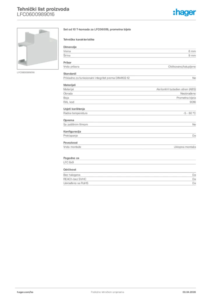 Slika Hager Tehnički list proizvoda LFC0600989016  | Hager