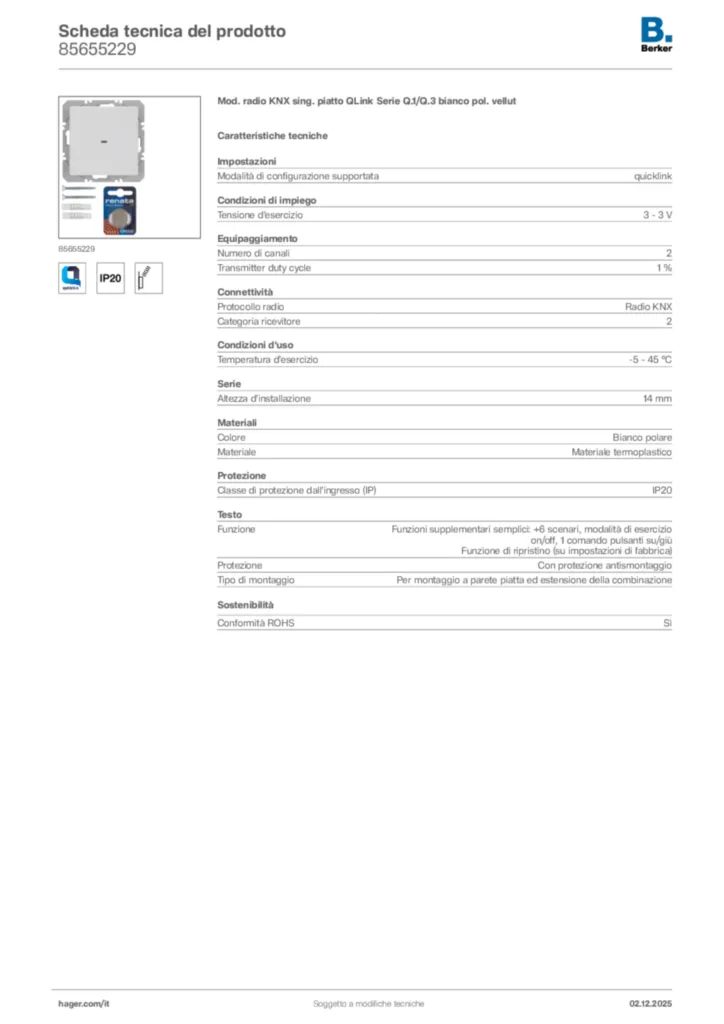 Immagine Berker Scheda tecnica del prodotto 85655229 | Hager Italia