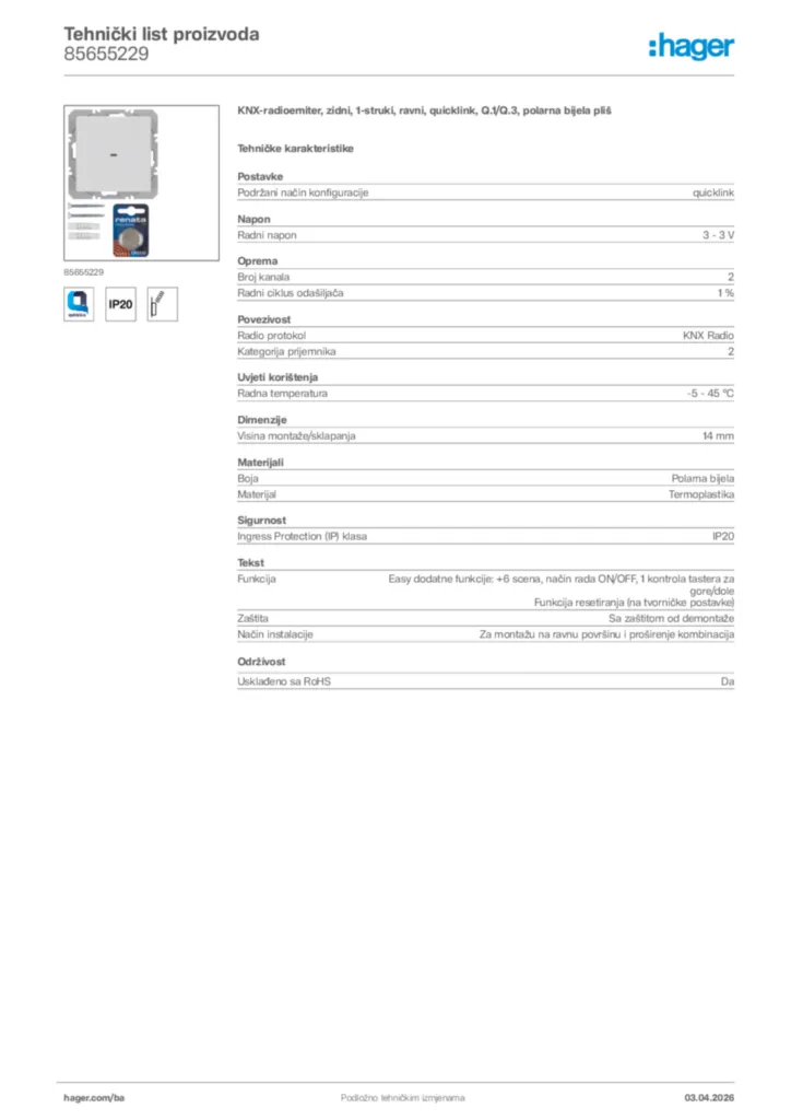 Slika Hager Tehnički list proizvoda 85655229  | Hager