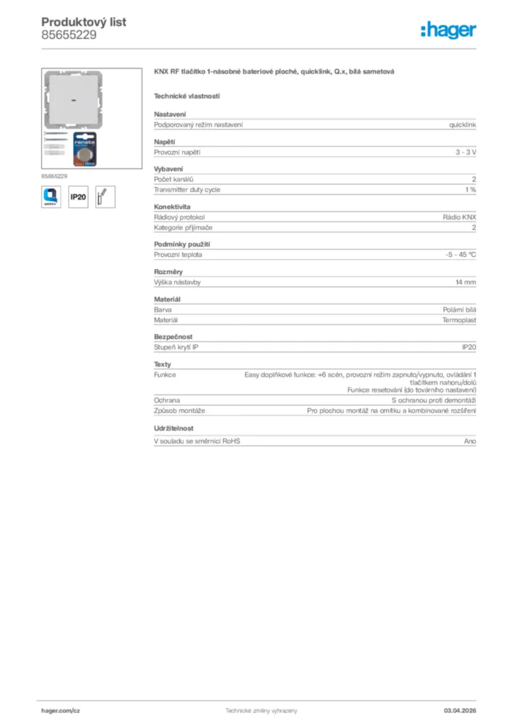 Obrázek Hager Product data sheet 85655229 | Hager