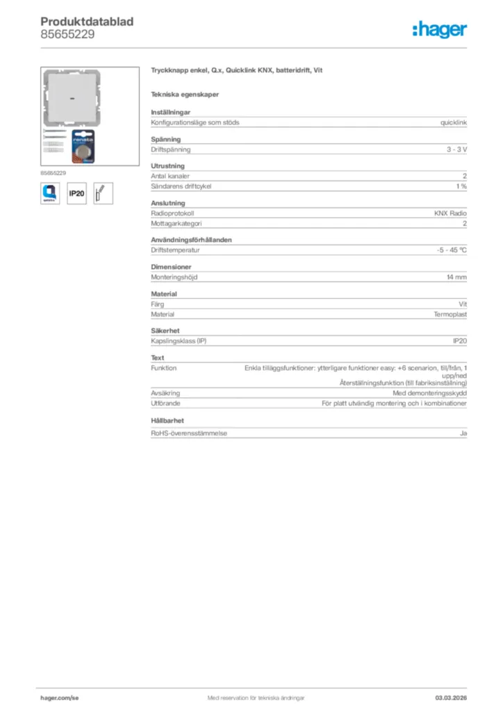 Bild Hager Produktdatablad 85655229 | Hager Sverige