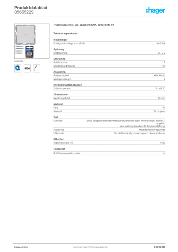 Bild Hager Produktdatablad 85655229 | Hager Sverige