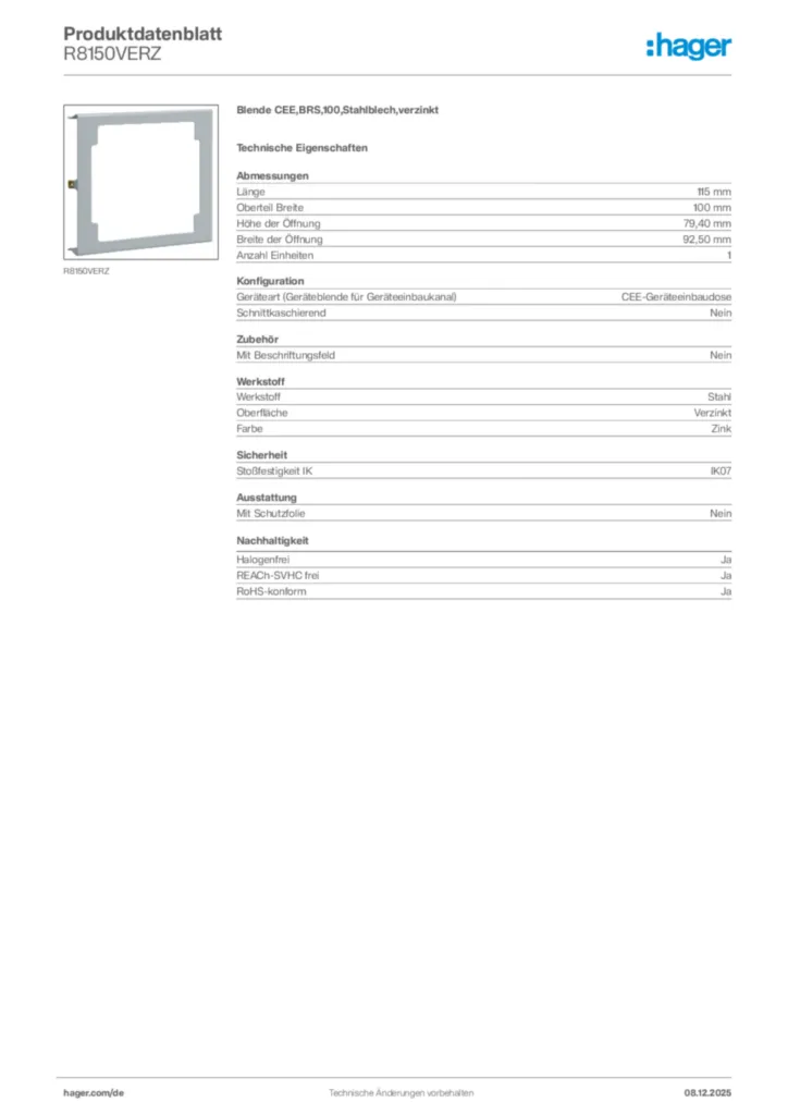 Bild Hager Produktdatenblatt R8150VERZ | Hager Deutschland