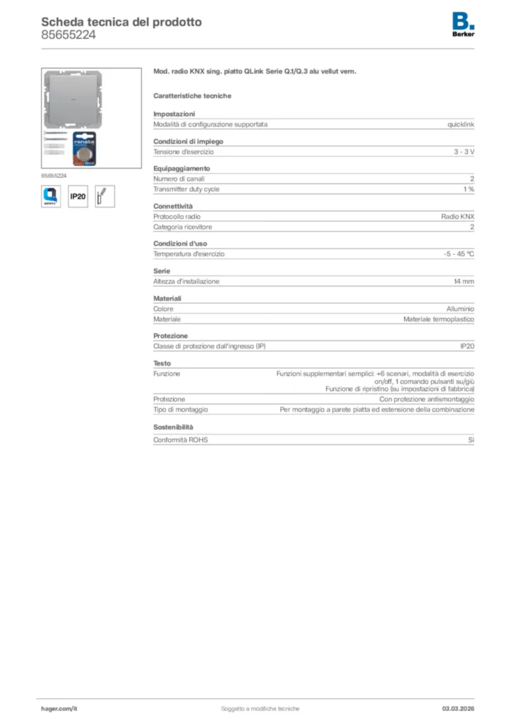 Immagine Berker Scheda tecnica del prodotto 85655224 | Hager Italia