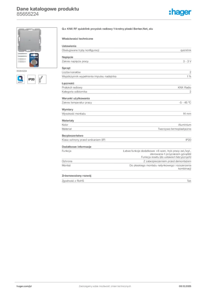 Zdjęcie Hager Karta katalogowa 85655224 | Hager Polska