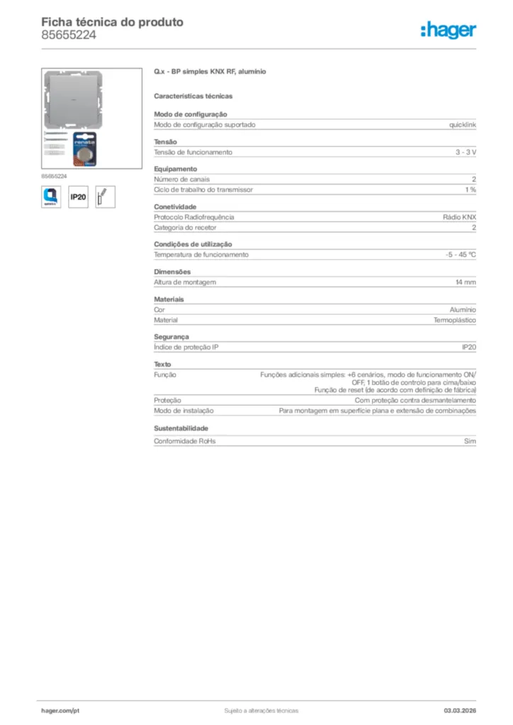 Imagem Hager Ficha técnica do produto 85655224 | Hager Portugal