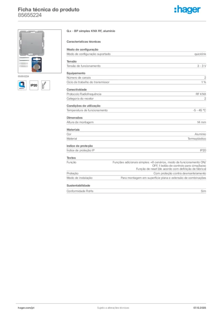 Imagem Hager Ficha técnica do produto 85655224 | Hager Portugal