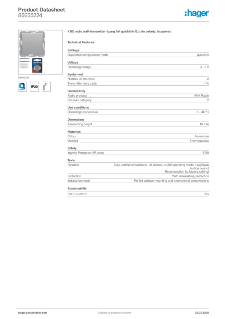 Image Hager Product data sheet 85655224  | Hager