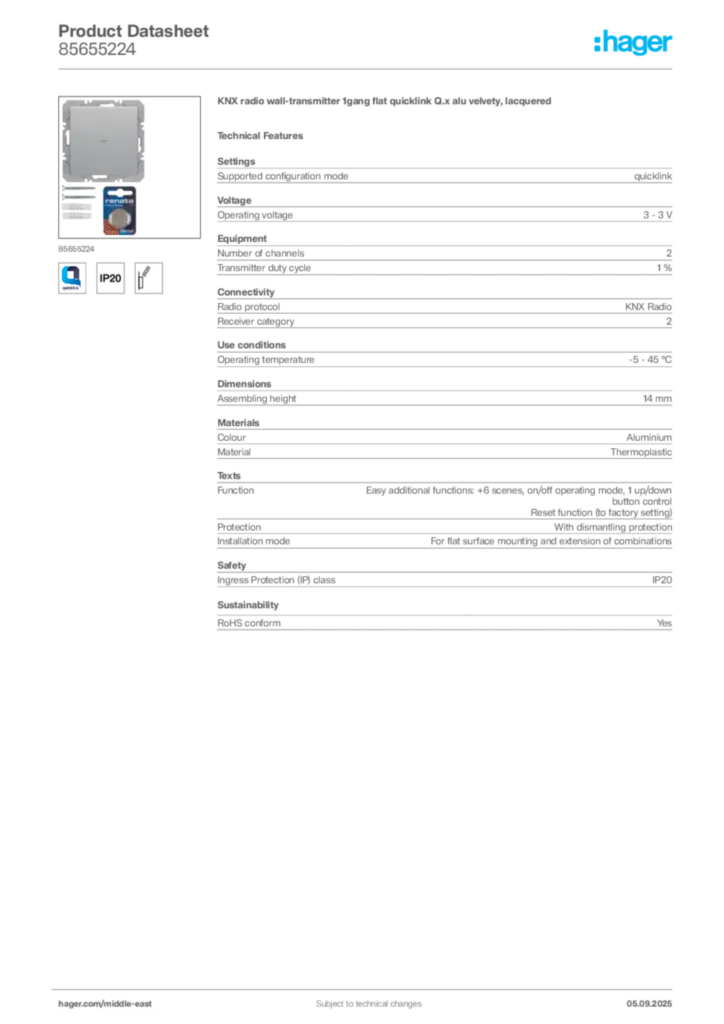 Image Hager Product data sheet 85655224  | Hager