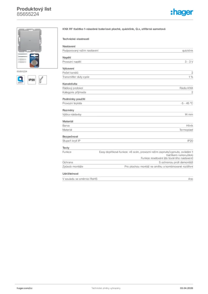 Obrázek Hager Product data sheet 85655224 | Hager