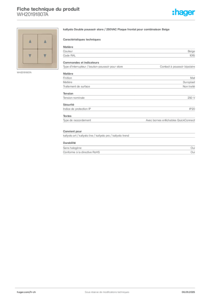 Image Hager Fiche technique du produit WH20191807A | Hager Suisse