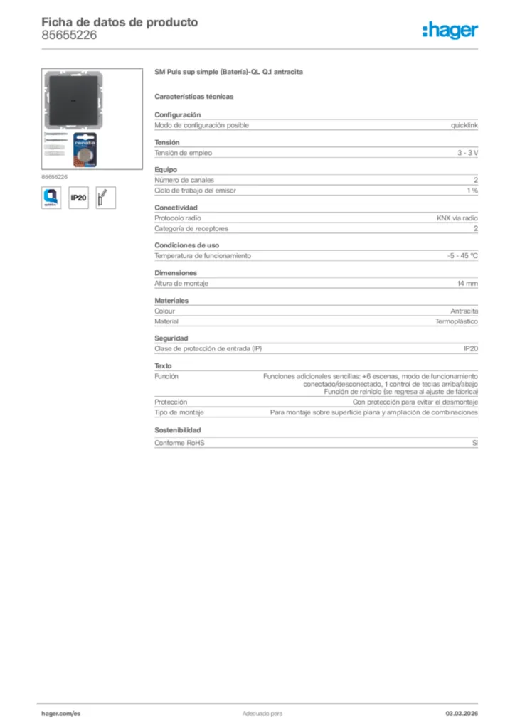 Imagen Hager Ficha de datos de producto 85655226 | Hager España