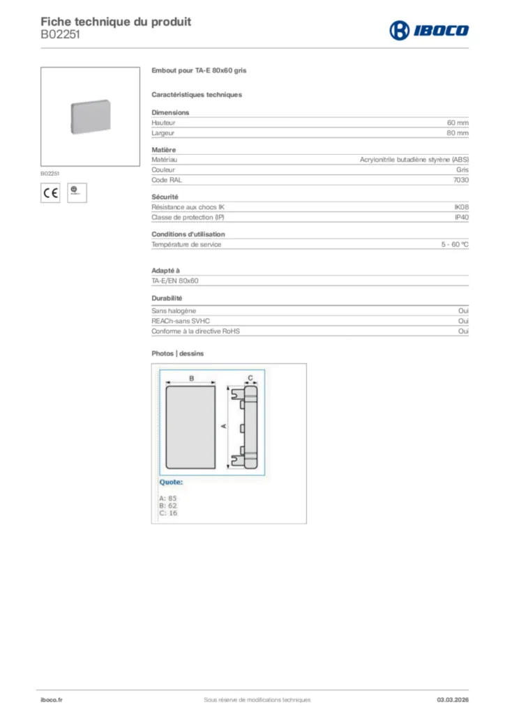 Image Iboco Fiche technique du produit B02251 | Hager France