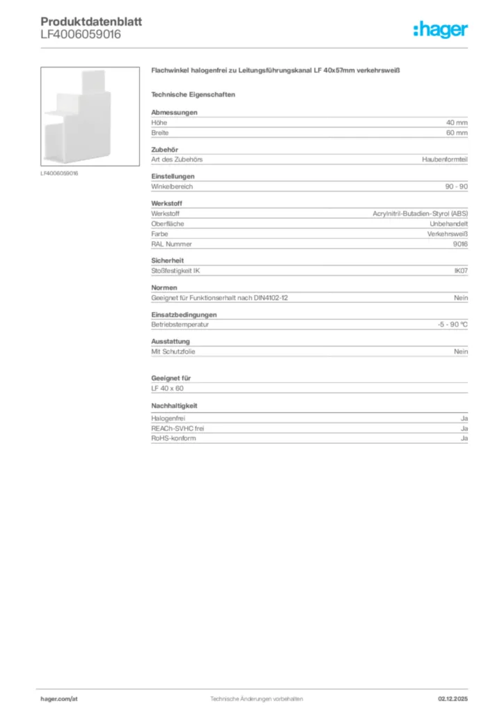 Bild Hager Produktdatenblatt LF4006059016 | Hager Deutschland