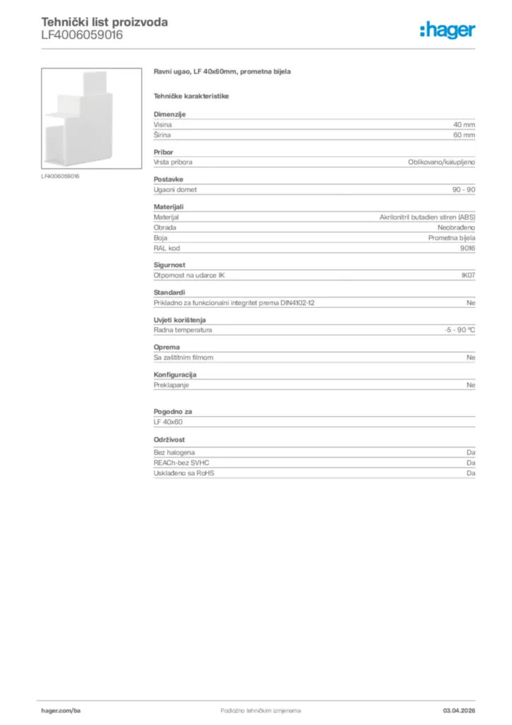 Slika Hager Tehnički list proizvoda LF4006059016  | Hager