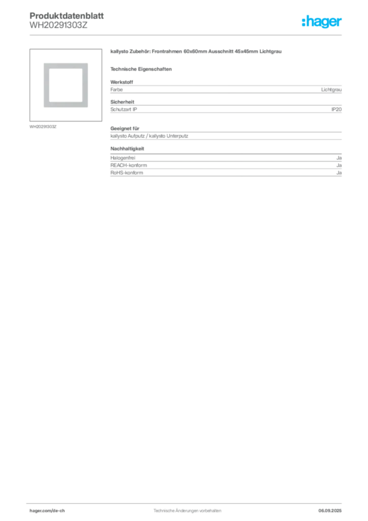 Bild Hager Produktdatenblatt WH20291303Z | Hager Schweiz