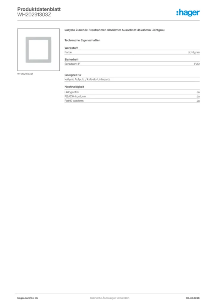 Bild Hager Produktdatenblatt WH20291303Z | Hager Schweiz