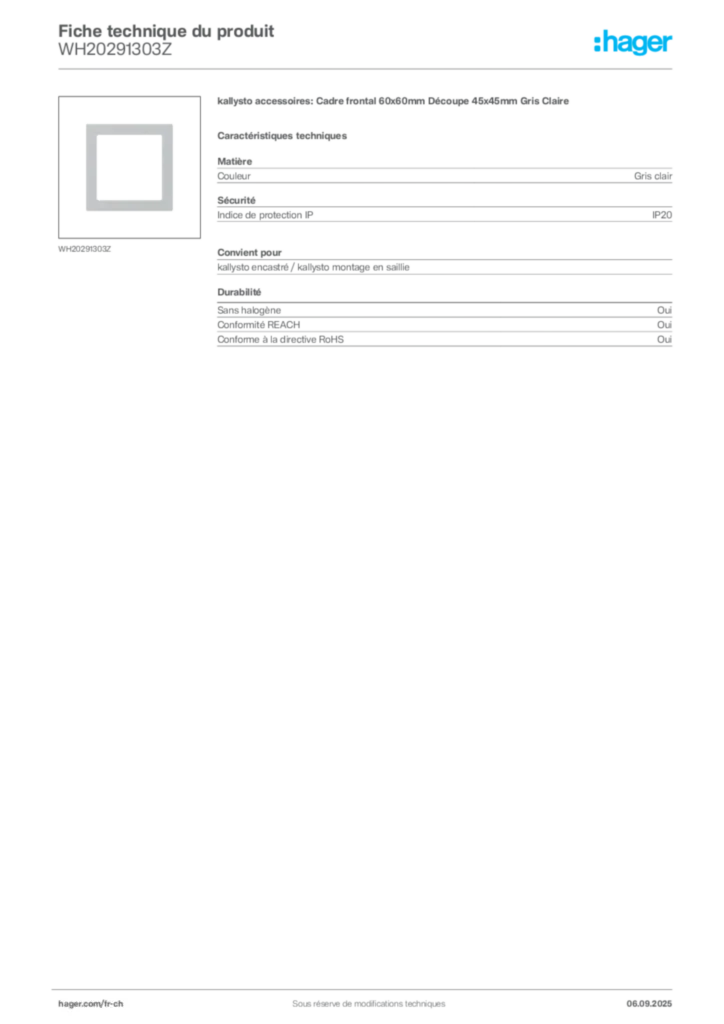 Image Hager Fiche technique du produit WH20291303Z | Hager Suisse