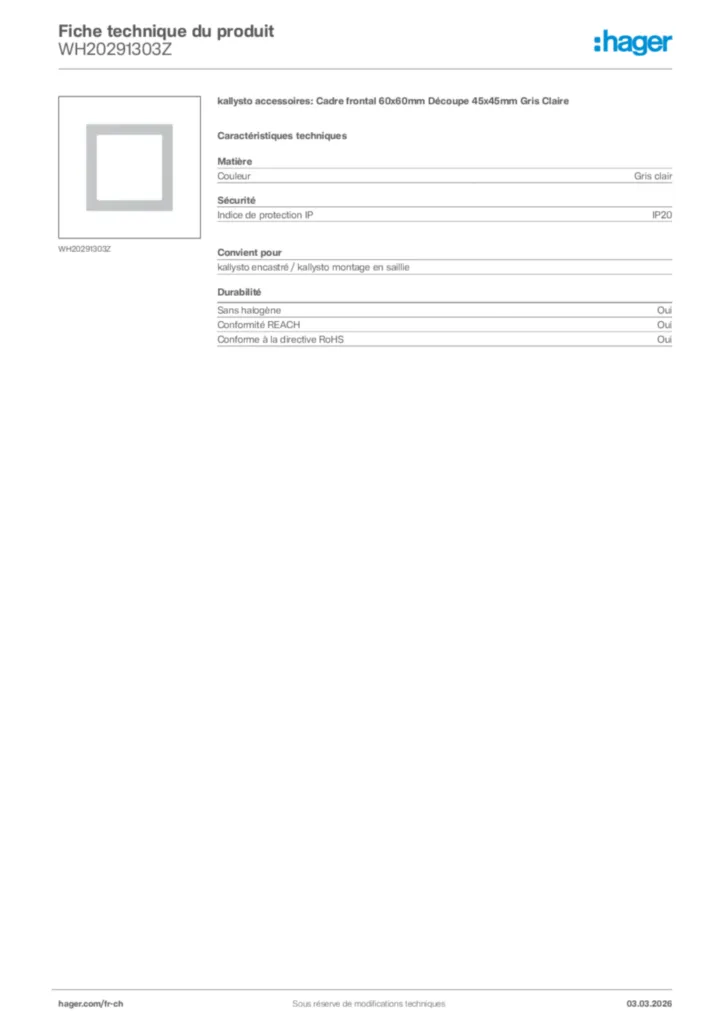 Image Hager Fiche technique du produit WH20291303Z | Hager Suisse