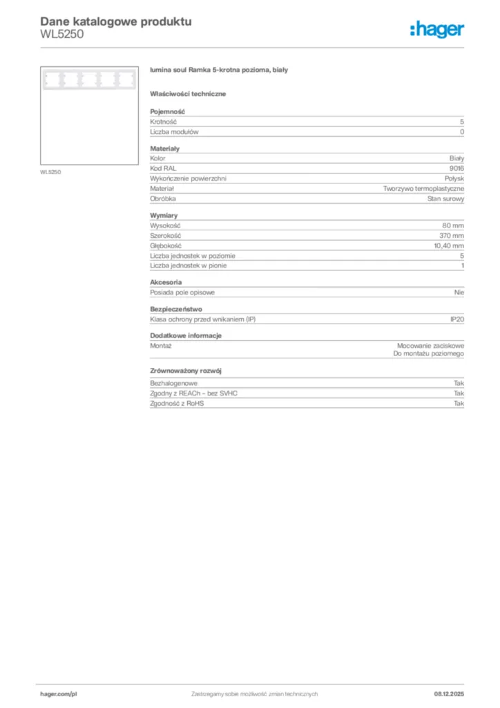 Zdjęcie Hager Karta katalogowa WL5250 | Hager Polska