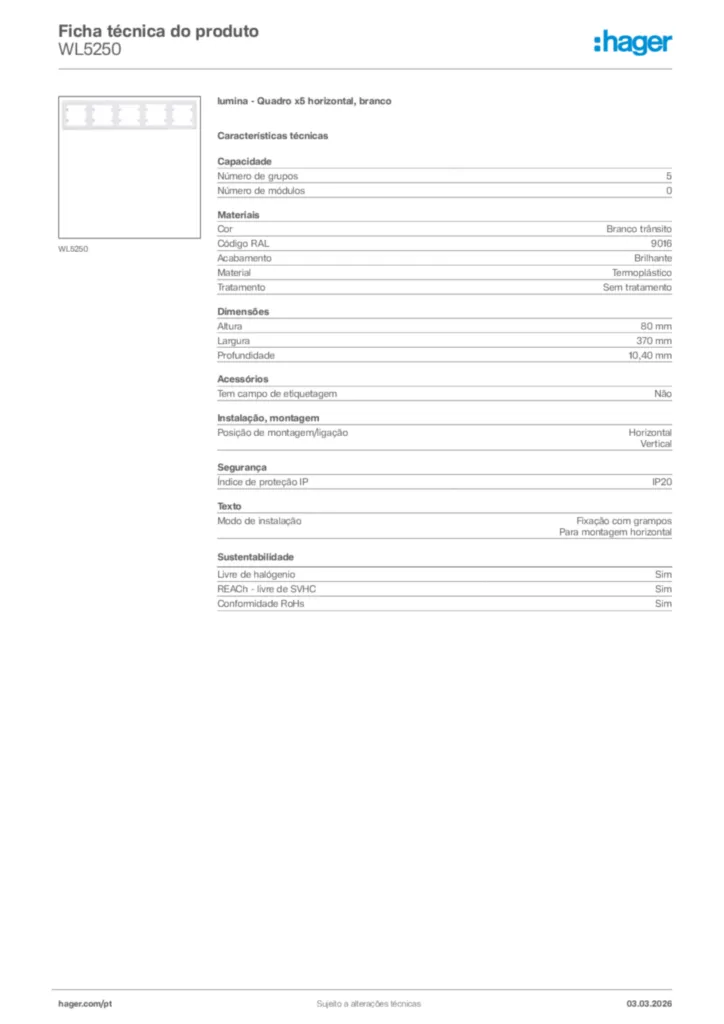 Imagem Hager Ficha técnica do produto WL5250 | Hager Portugal