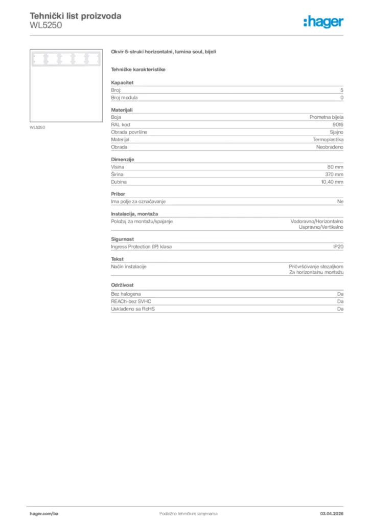 Slika Hager Tehnički list proizvoda WL5250  | Hager