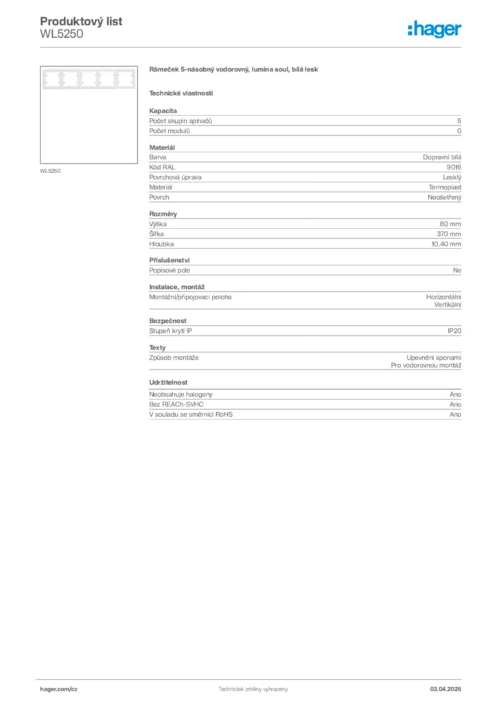 Obrázek Hager Product data sheet WL5250 | Hager