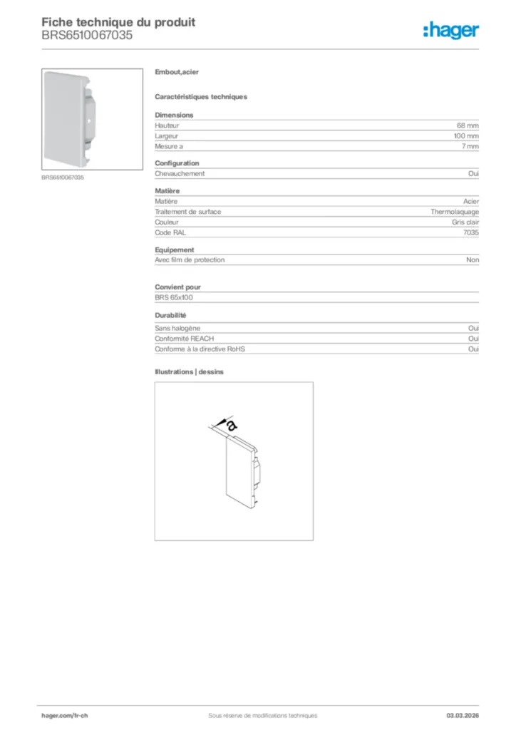 Image Hager Fiche technique du produit BRS6510067035 | Hager Suisse