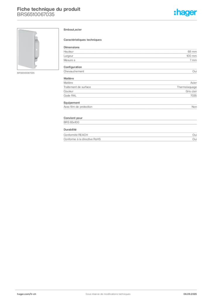 Image Hager Fiche technique du produit BRS6510067035 | Hager Suisse