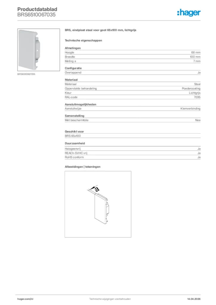Afbeelding Hager Productdatablad BRS6510067035 | Hager Nederland
