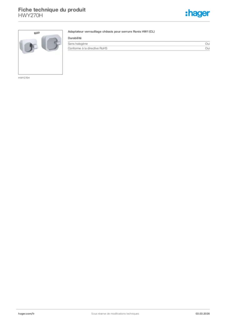 Image Hager Fiche technique du produit HWY270H | Hager France