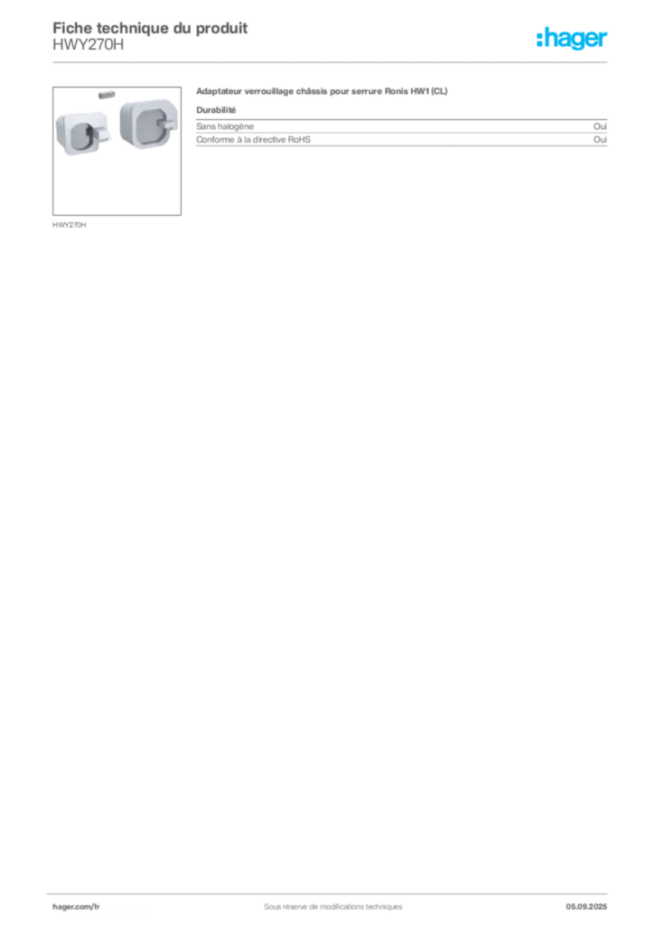 Image Hager Fiche technique du produit HWY270H | Hager France