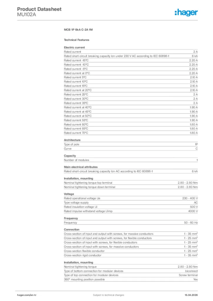 Image Hager Product data sheet MU102A  | Hager